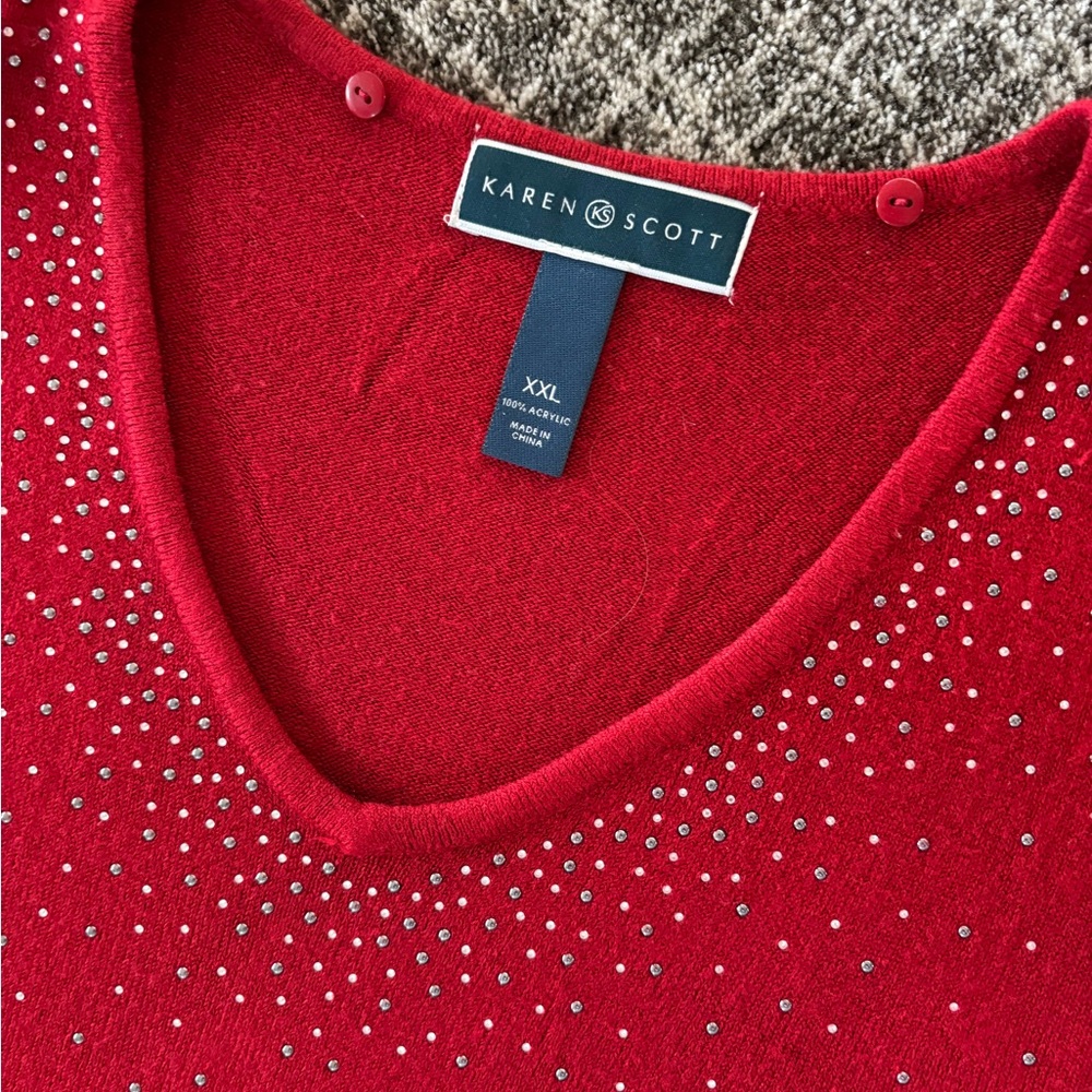 Karen Scott soft red sweater with silver studs. Excellent condition.